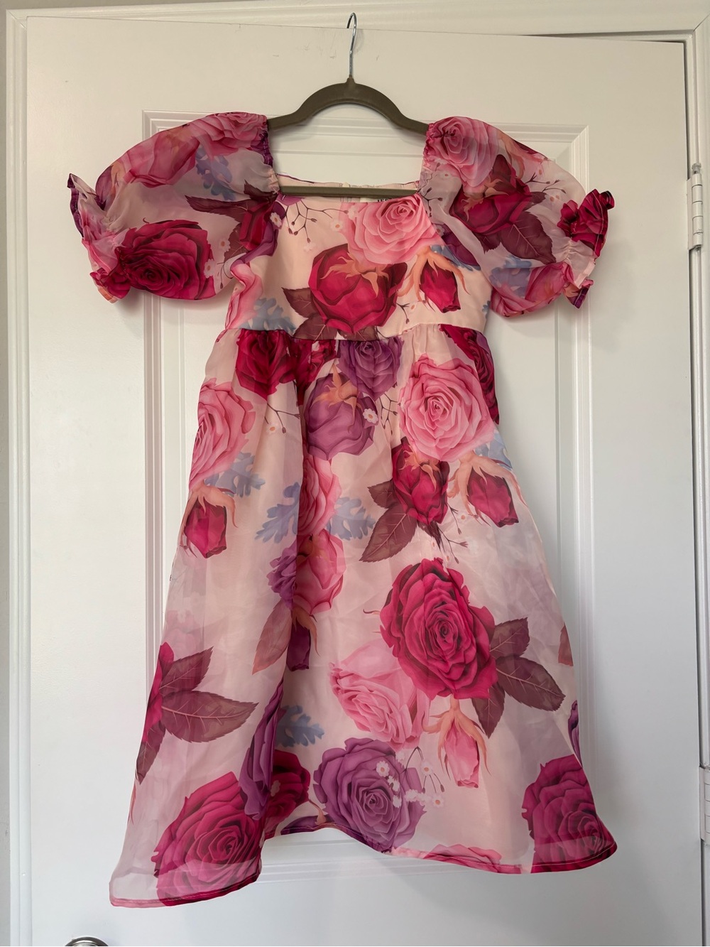 JessaKae Polly Dress pink floral organza mini dress puff sleeves 7-8 years